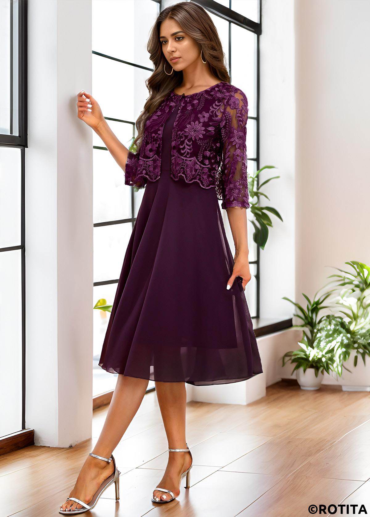 Dark Purple dresses,Plain Color dresses,Party dresses,Elegant dresses,ROTITA Lace Dark Purple A Line Scoop Neck Dress