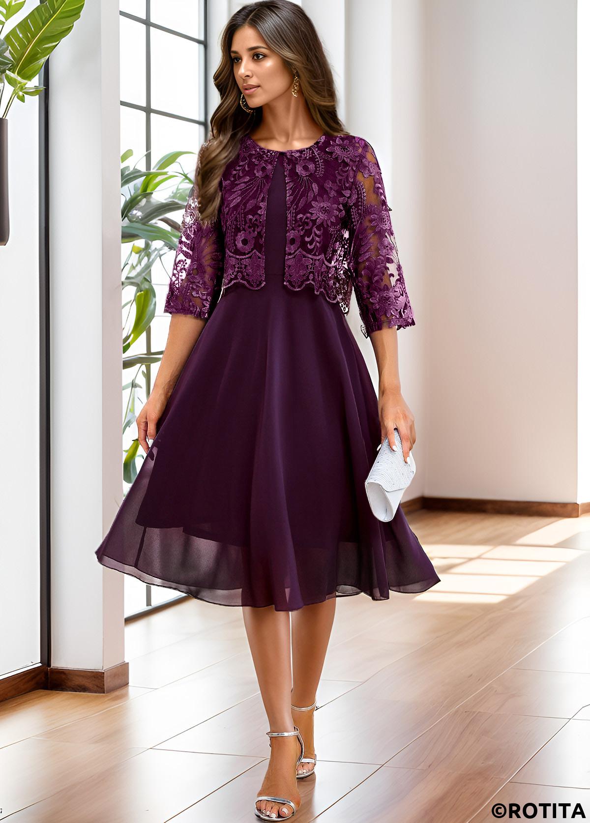 Dark Purple dresses,Plain Color dresses,Party dresses,Elegant dresses,ROTITA Lace Dark Purple A Line Scoop Neck Dress