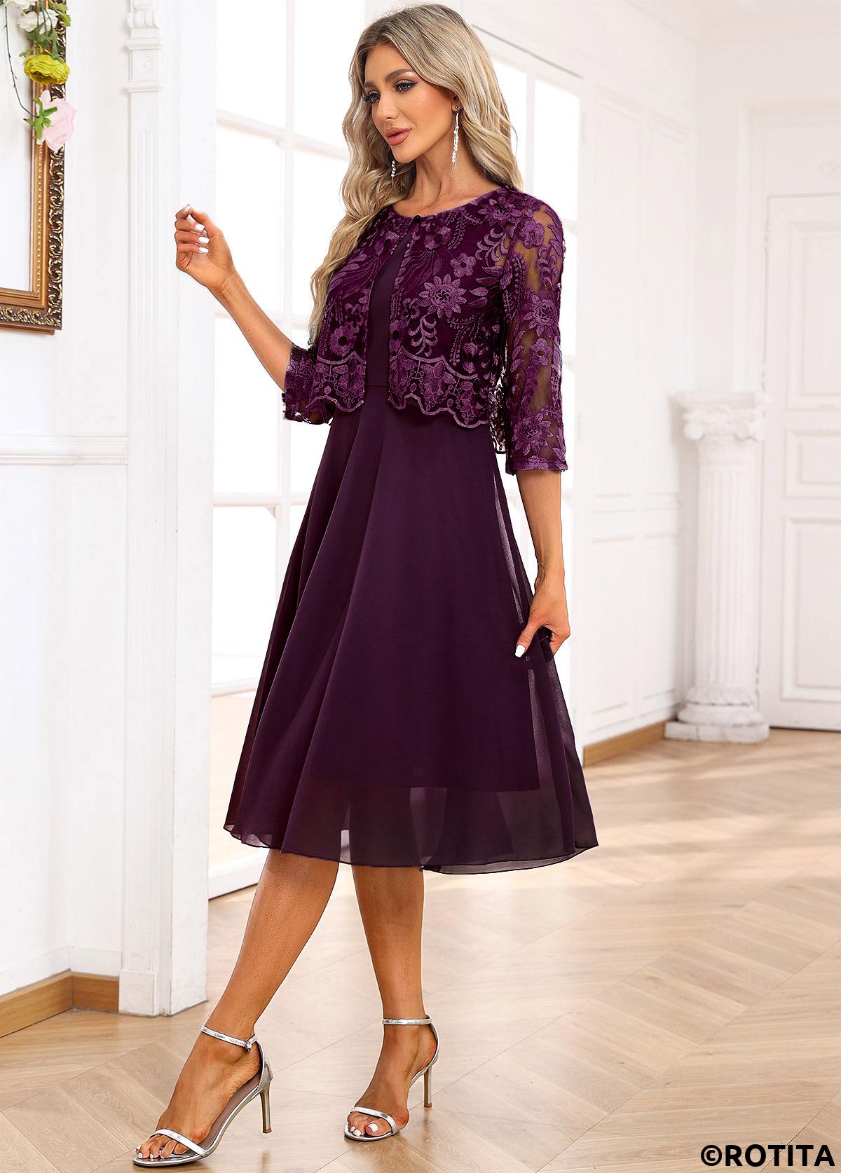 ROTITA Lace Dark Purple A Line Scoop Neck Dress