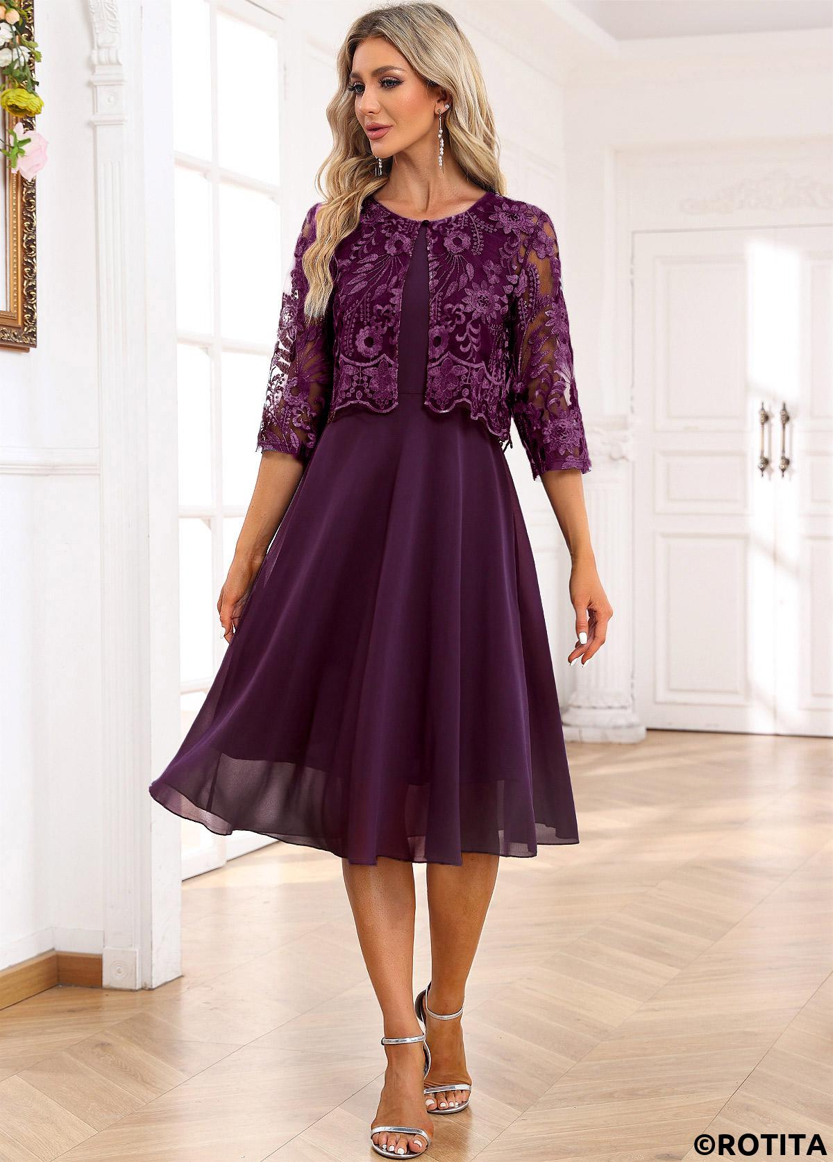 Dark Purple dresses,Plain Color dresses,Party dresses,Elegant dresses,ROTITA Lace Dark Purple A Line Scoop Neck Dress
