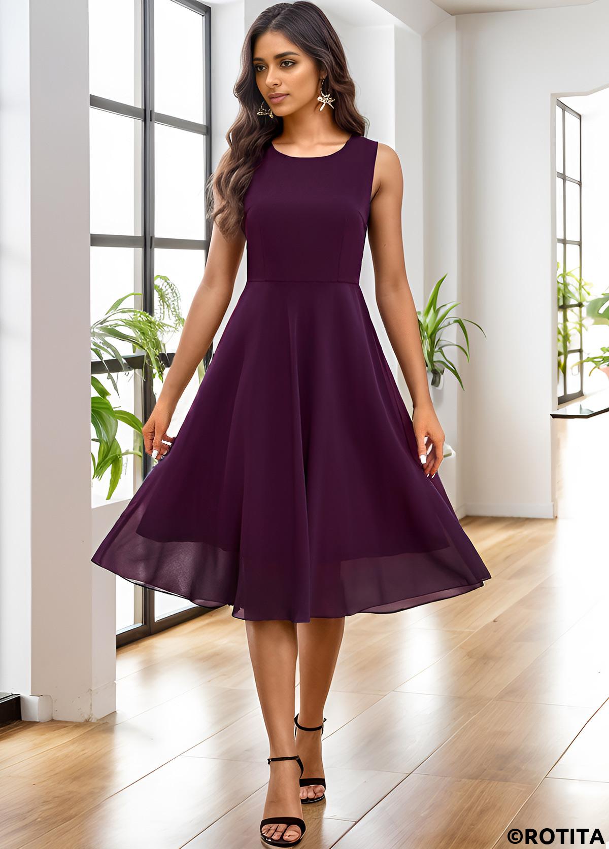 Dark Purple dresses,Plain Color dresses,Party dresses,Elegant dresses,ROTITA Lace Dark Purple A Line Scoop Neck Dress