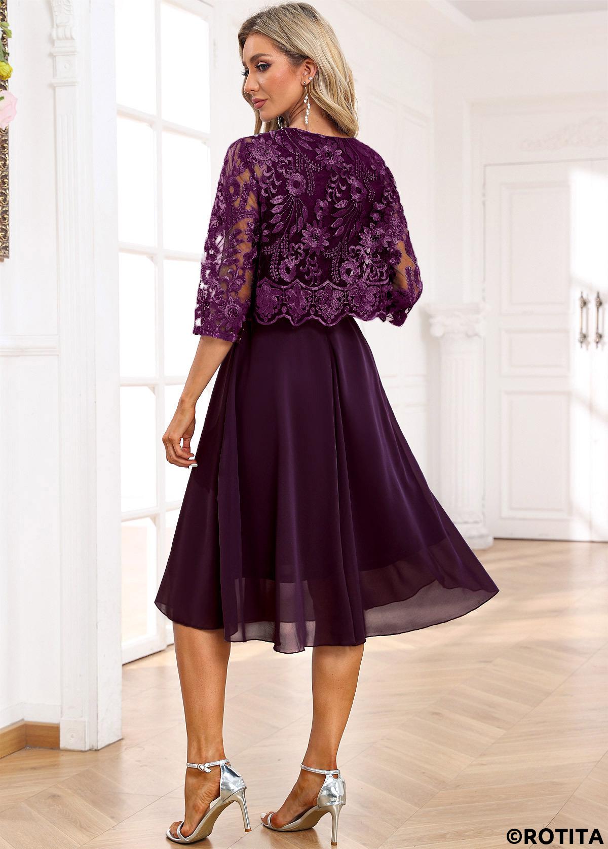 ROTITA Lace Dark Purple A Line Scoop Neck Dress