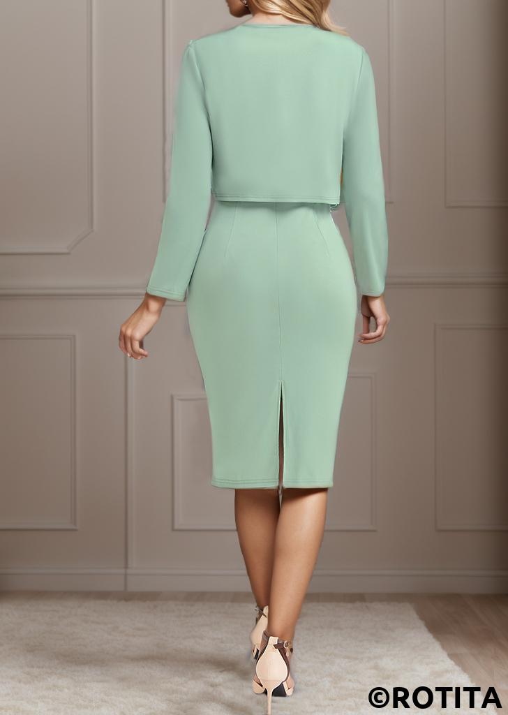 Sage Green plus size,Geometric plus size,Striped plus size,ROTITA Plus Size Two Piece Sage Green Dress and Cardigan