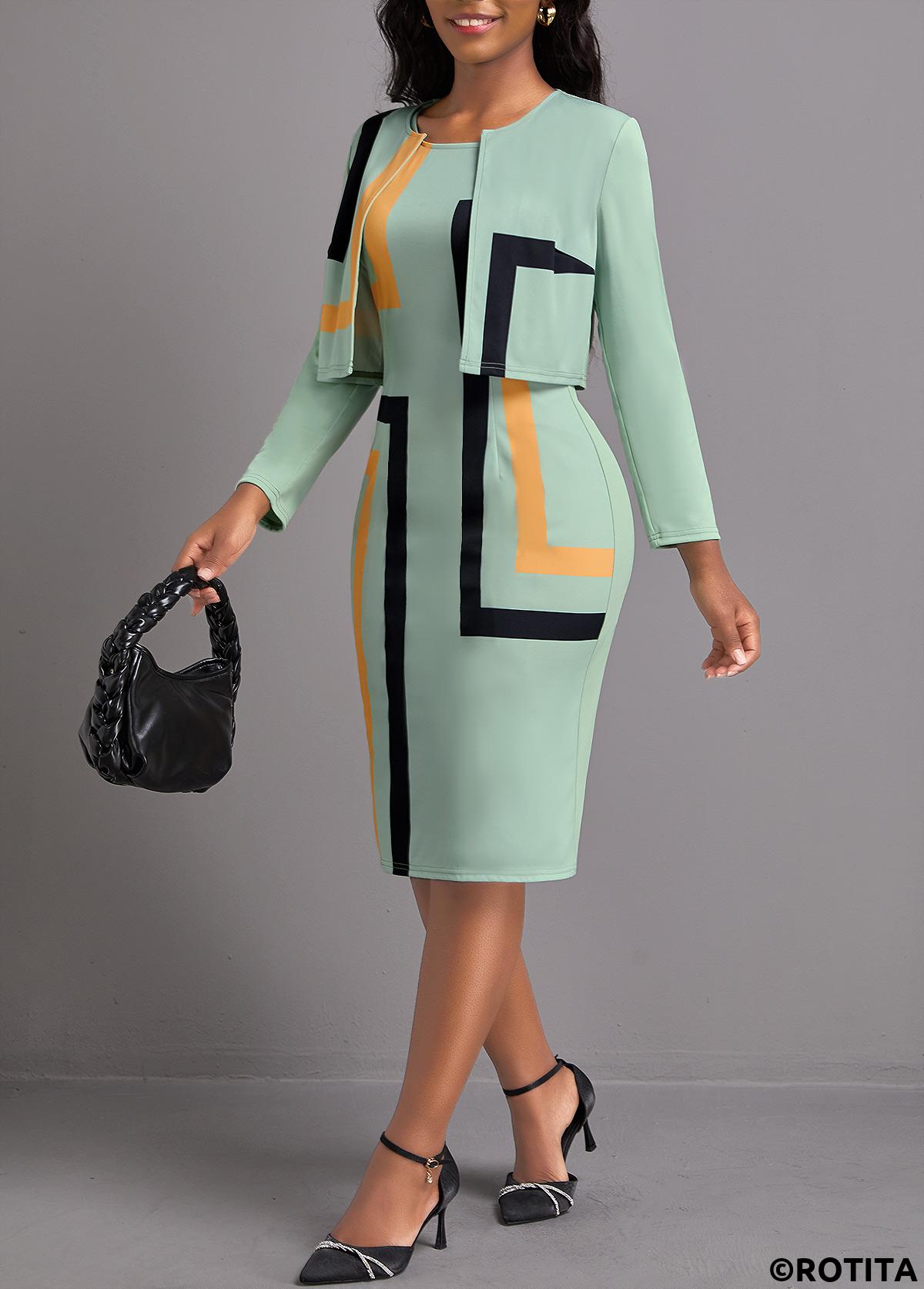 Sage Green plus size,Geometric plus size,Striped plus size,ROTITA Plus Size Two Piece Sage Green Dress and Cardigan