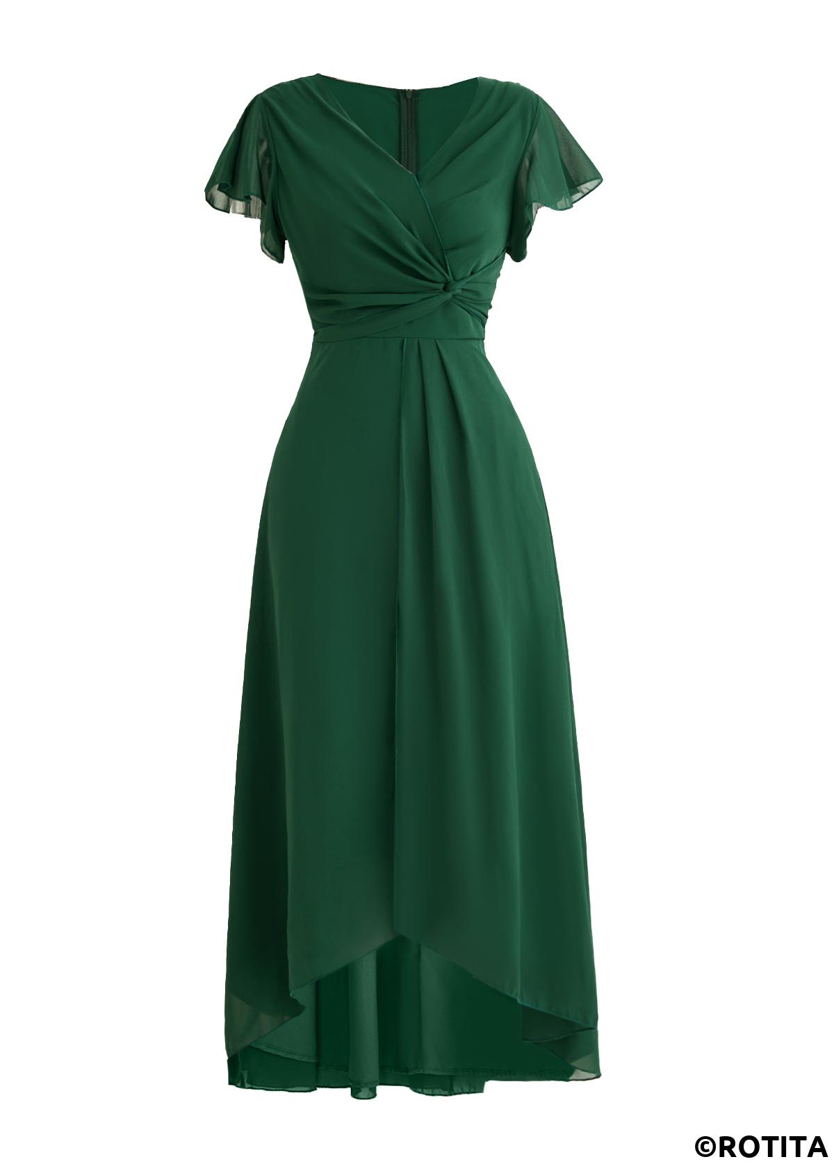 Blackish Green dresses,Plain Color dresses,Party dresses,Elegant dresses,ROTITA Twist Blackish Green High Low V Neck Dress