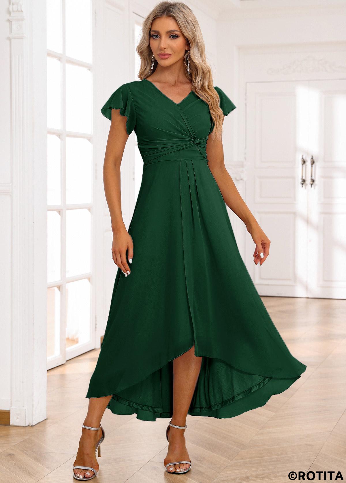 Blackish Green dresses,Plain Color dresses,Party dresses,Elegant dresses,ROTITA Twist Blackish Green High Low V Neck Dress