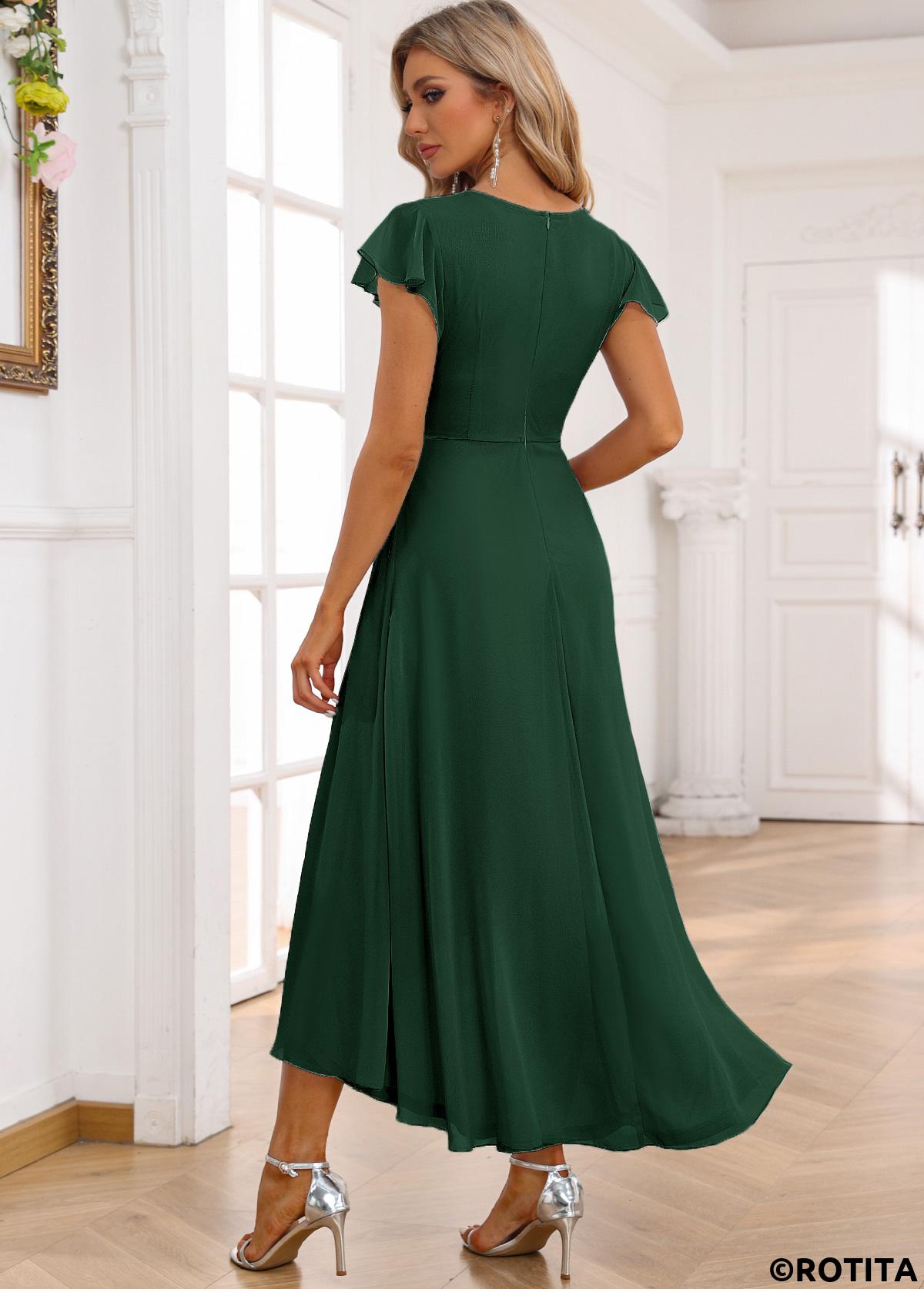 Blackish Green dresses,Plain Color dresses,Party dresses,Elegant dresses,ROTITA Twist Blackish Green High Low V Neck Dress