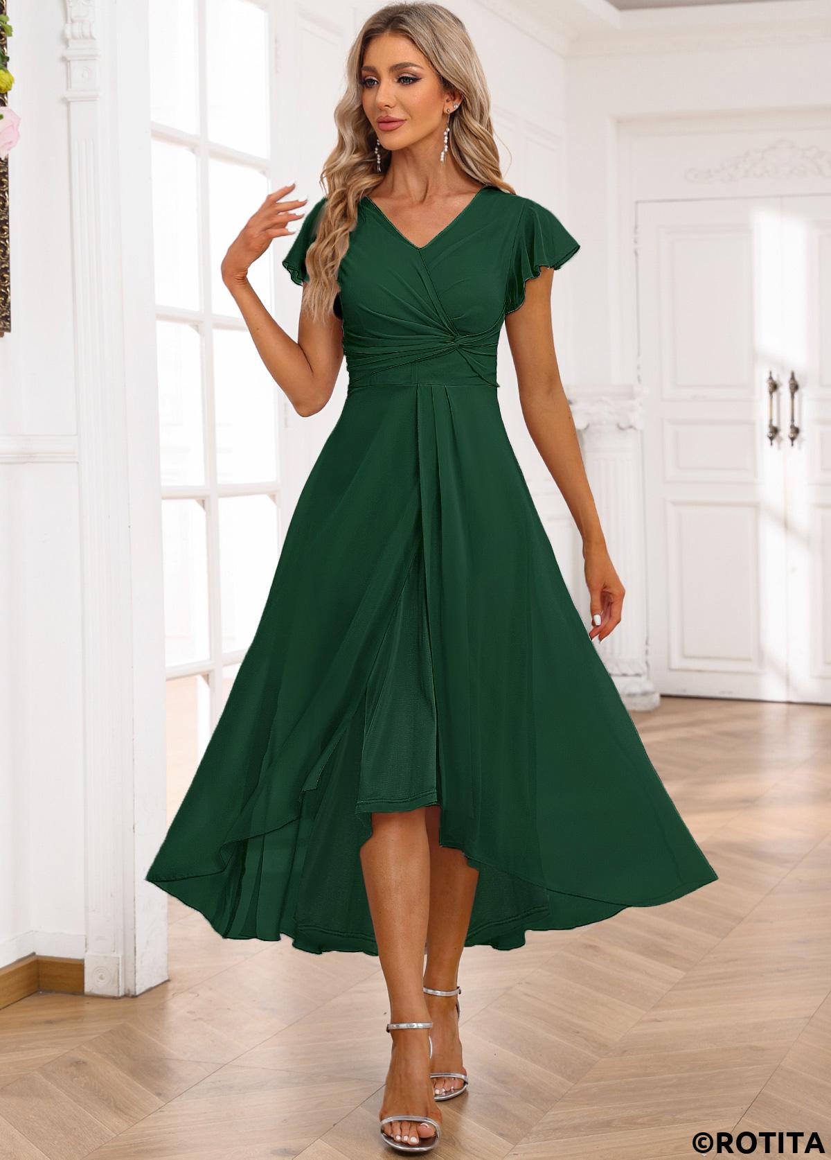 Blackish Green dresses,Plain Color dresses,Party dresses,Elegant dresses,ROTITA Twist Blackish Green High Low V Neck Dress