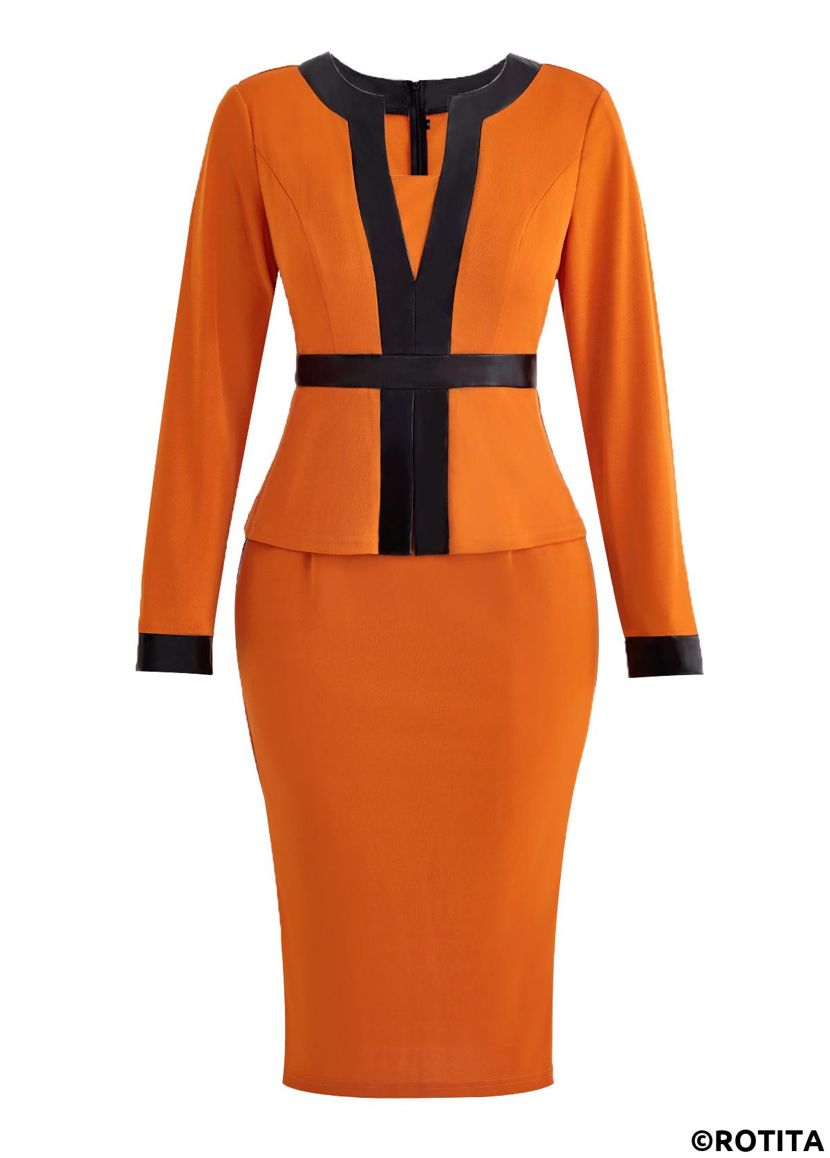 Orange dresses,Contrast Color dresses,Party dresses,Elegant dresses,ROTITA Fake 2in1 Orange Split Neck Bodycon Dress