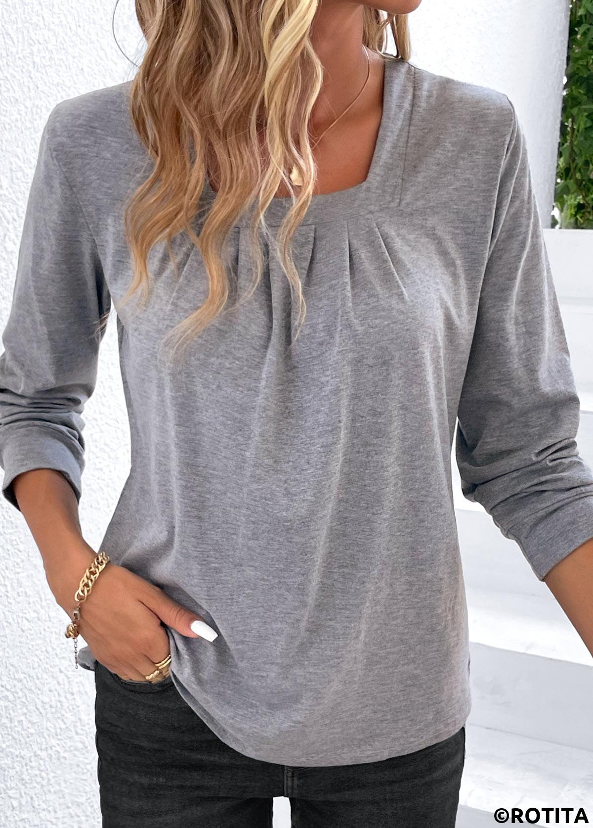 Light Grey tops,Plain Color tops,Ruched Light Grey Square Neck T Shirt