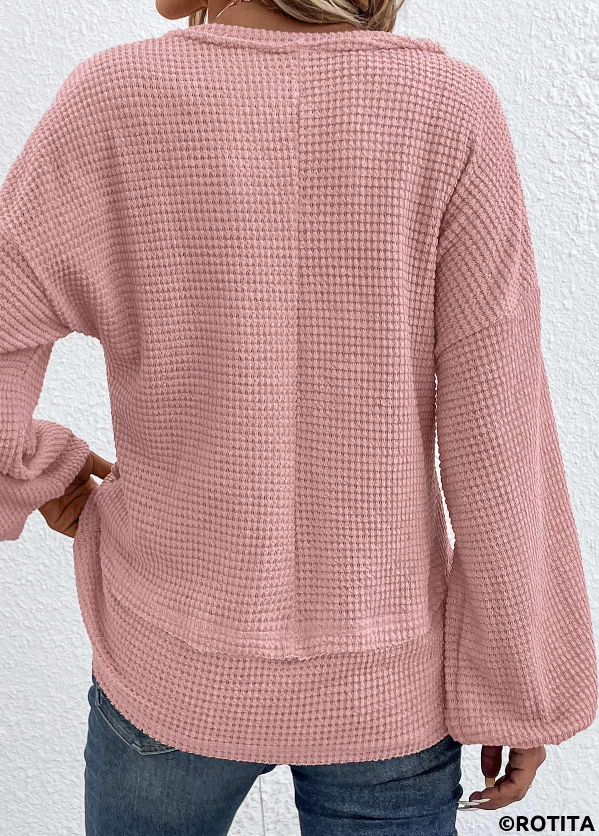 Rosa Patchwork-T-Shirt mit V-Ausschnitt und langen Ärmeln