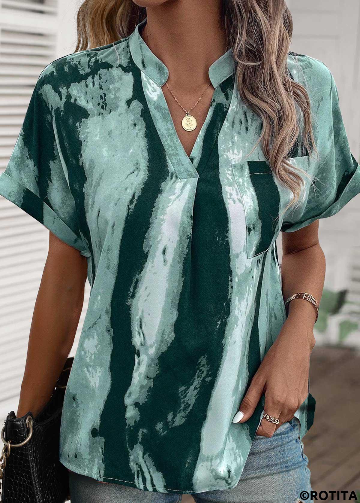 Turquoise tops,Graphic tops,ROTITA Lightweight Ink Painting Print Turquoise Split Neck Blouse