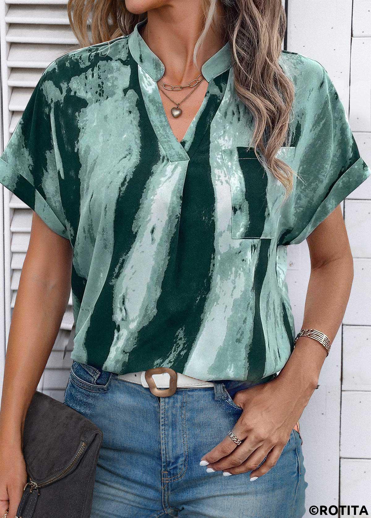 Turquoise tops,Graphic tops,ROTITA Lightweight Ink Painting Print Turquoise Split Neck Blouse