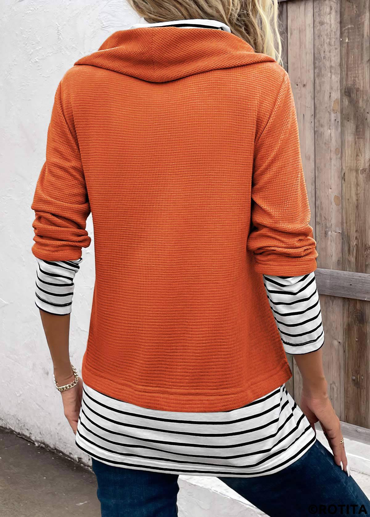 Orange tops,White tops,Striped tops,ROTITA Patchwork Striped Orange Cowl Neck Long Sleeve Sweatshirt