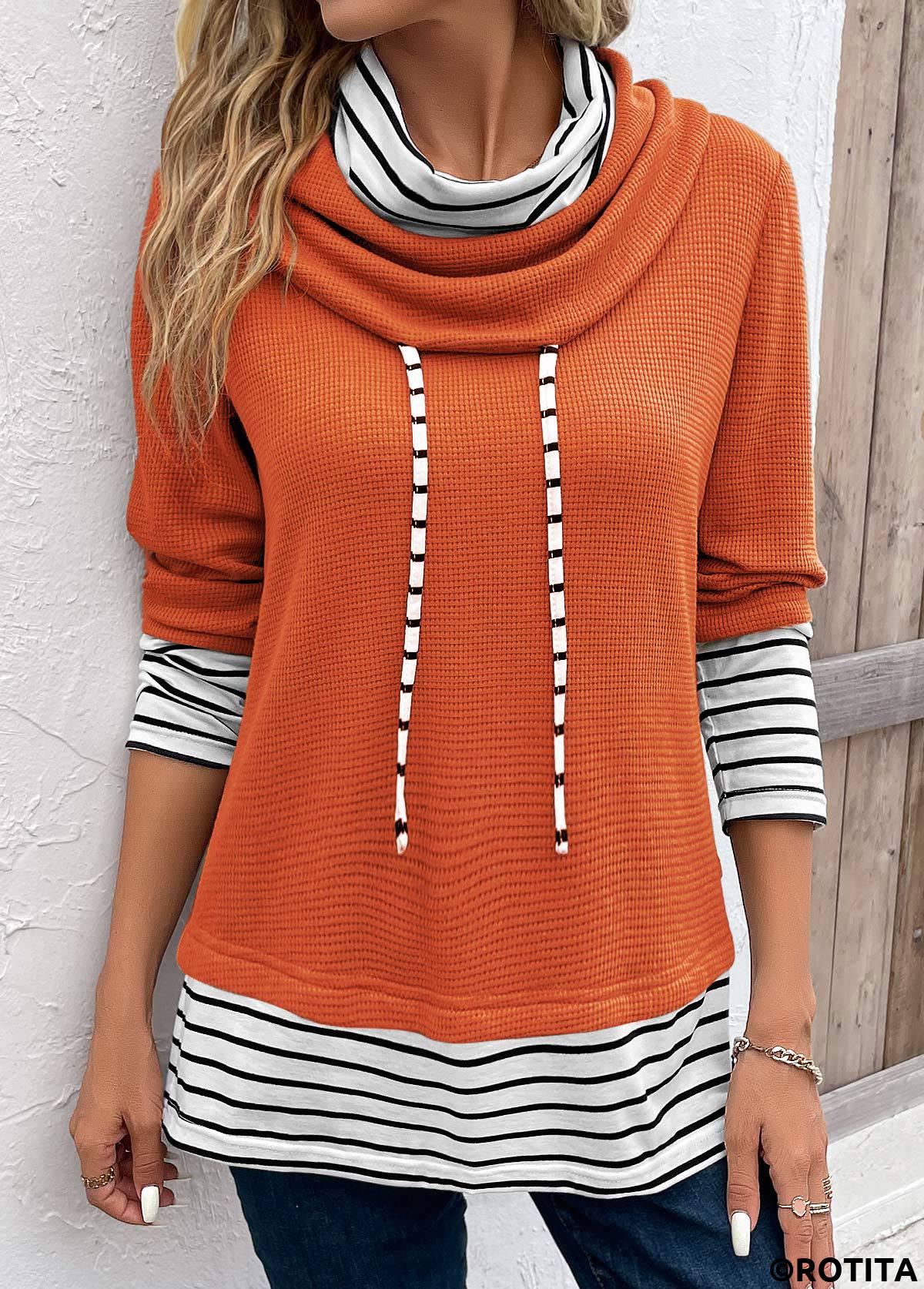 Orange tops,White tops,Striped tops,ROTITA Patchwork Striped Orange Cowl Neck Long Sleeve Sweatshirt