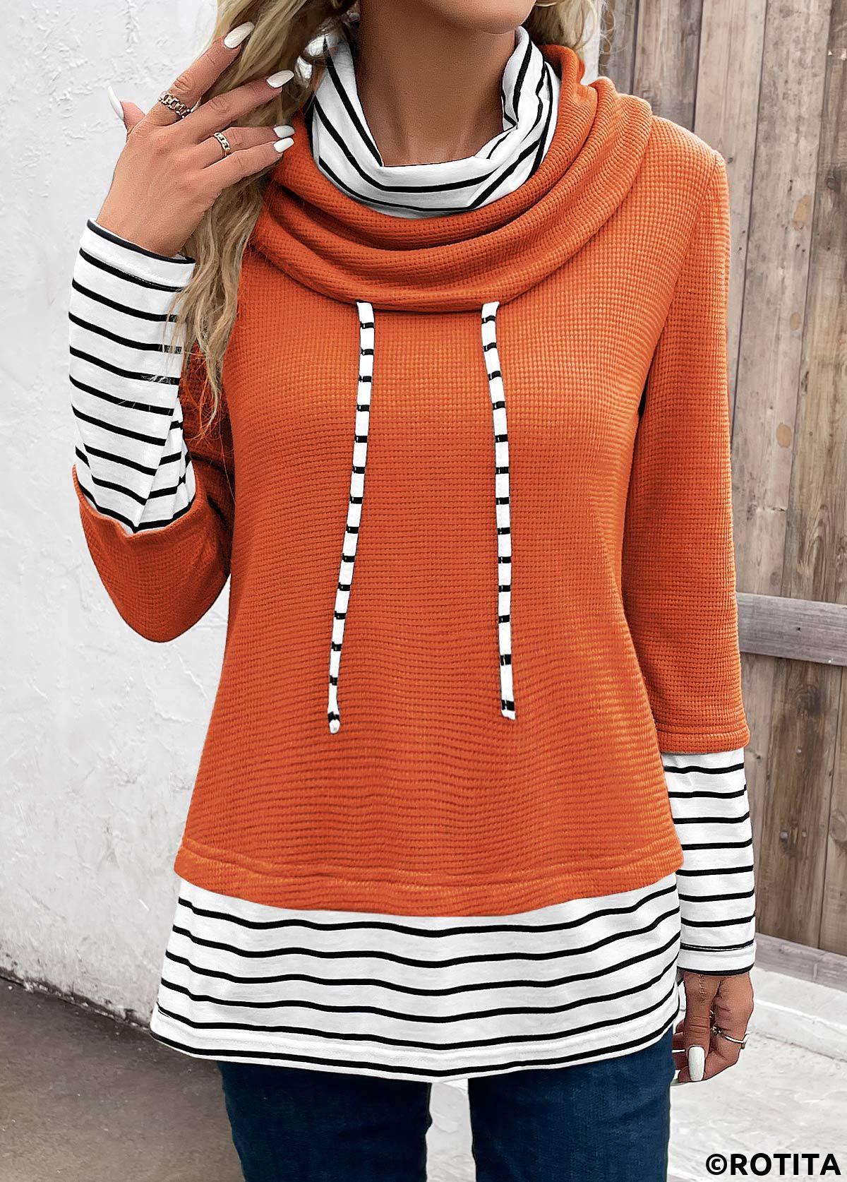 Orange tops,White tops,Striped tops,ROTITA Patchwork Striped Orange Cowl Neck Long Sleeve Sweatshirt