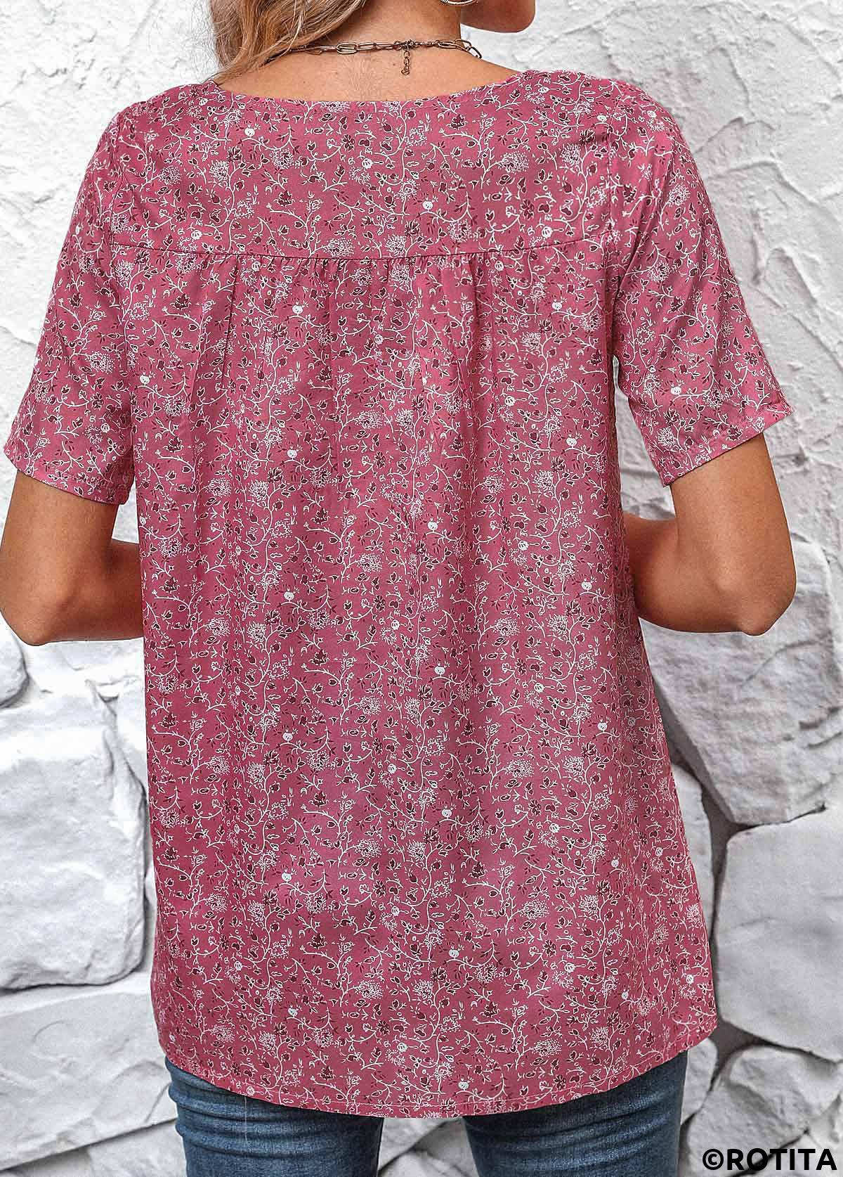 Pink tops,Ditsy Floral tops,ROTITA Ruched Ditsy Floral Print Pink V Neck Blouse