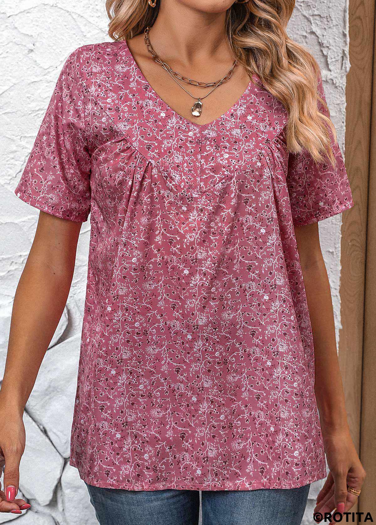 Pink tops,Ditsy Floral tops,ROTITA Ruched Ditsy Floral Print Pink V Neck Blouse
