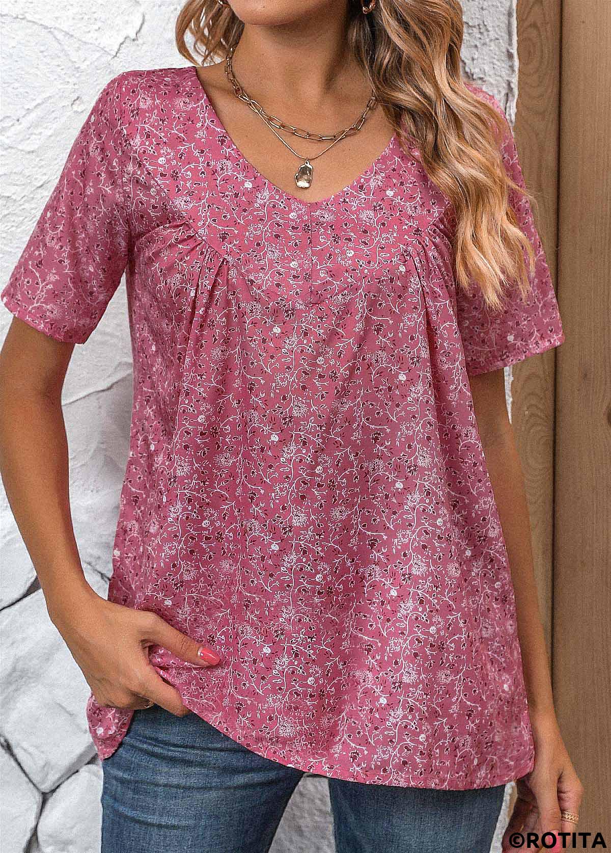 Pink tops,Ditsy Floral tops,ROTITA Ruched Ditsy Floral Print Pink V Neck Blouse