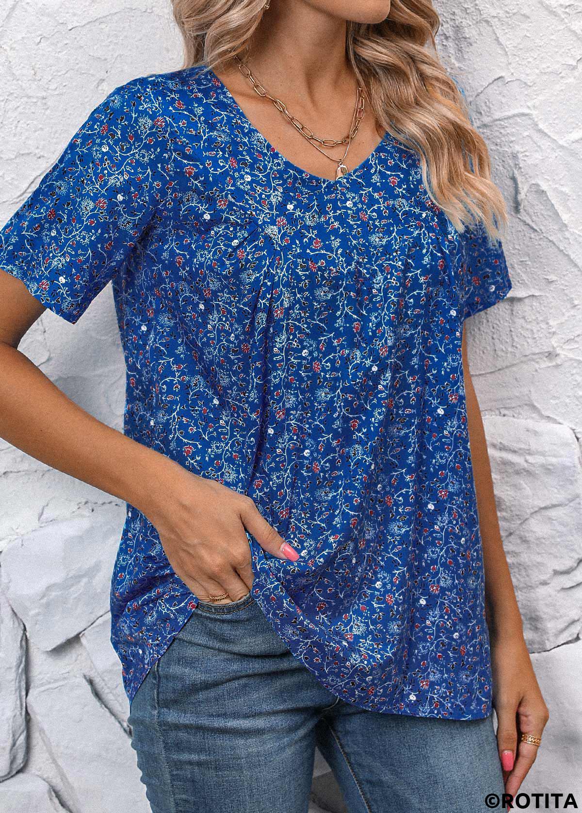 Sky Blue tops,Ditsy Floral tops,ROTITA Ruched Ditsy Floral Print Sky Blue V Neck Blouse