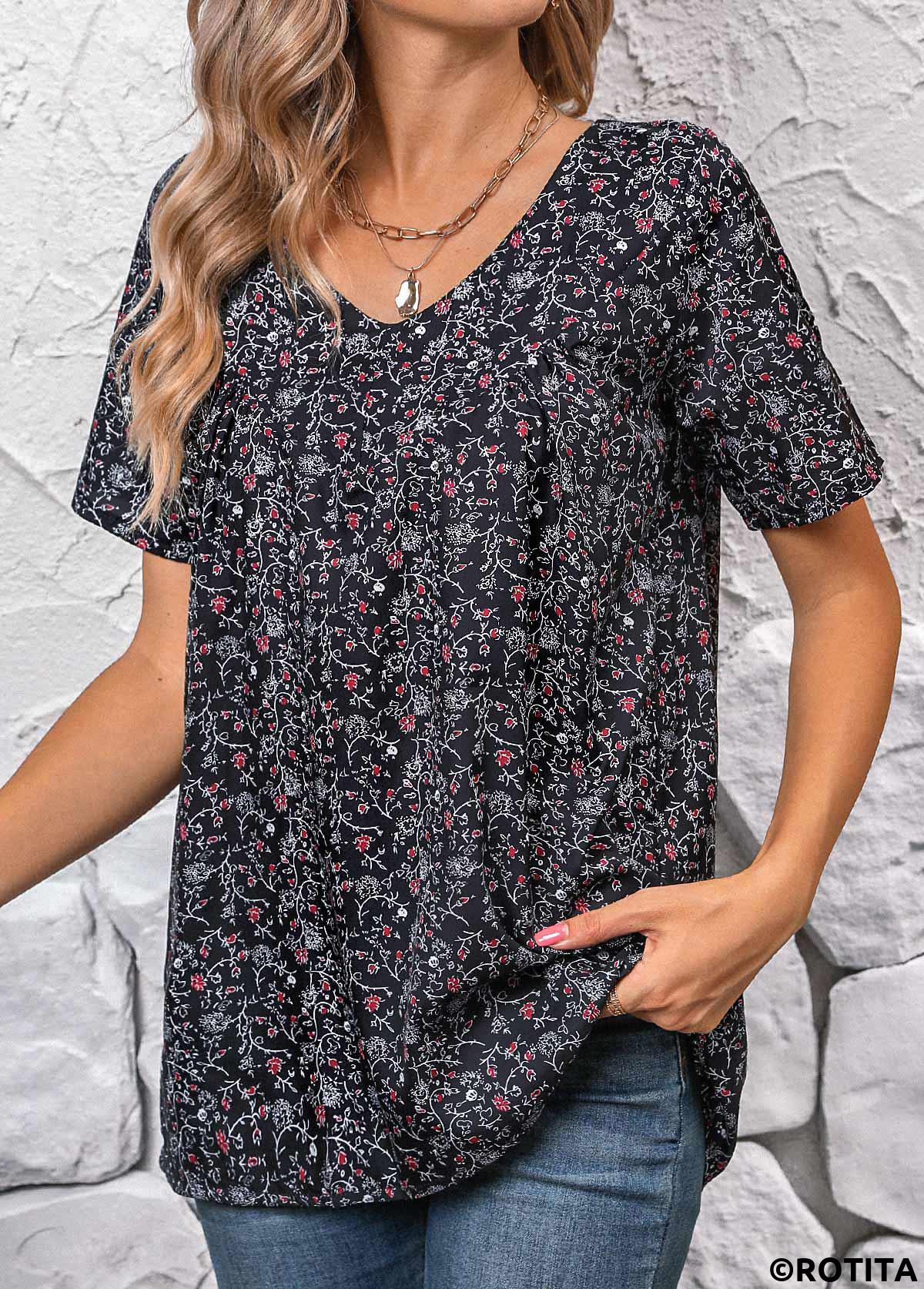 Black tops,Ditsy Floral tops,ROTITA Ruched Ditsy Floral Print Black V Neck Blouse