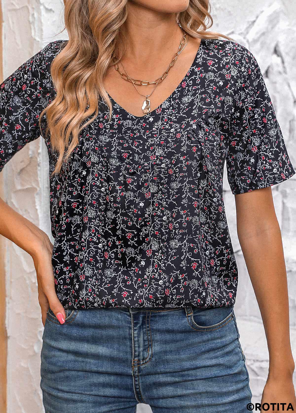 Black tops,Ditsy Floral tops,ROTITA Ruched Ditsy Floral Print Black V Neck Blouse