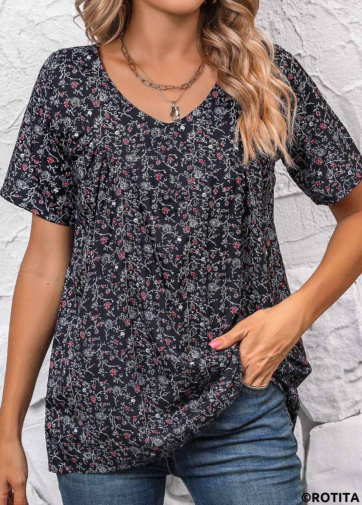 Black tops,Ditsy Floral tops,ROTITA Ruched Ditsy Floral Print Black V Neck Blouse