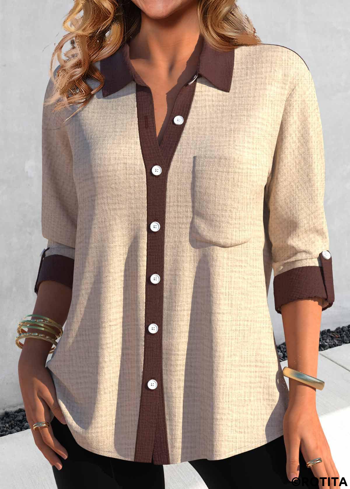 Light Camel tops,Contrast Color tops,ROTITA Button Light Camel Shirt Collar Pocket Blouse