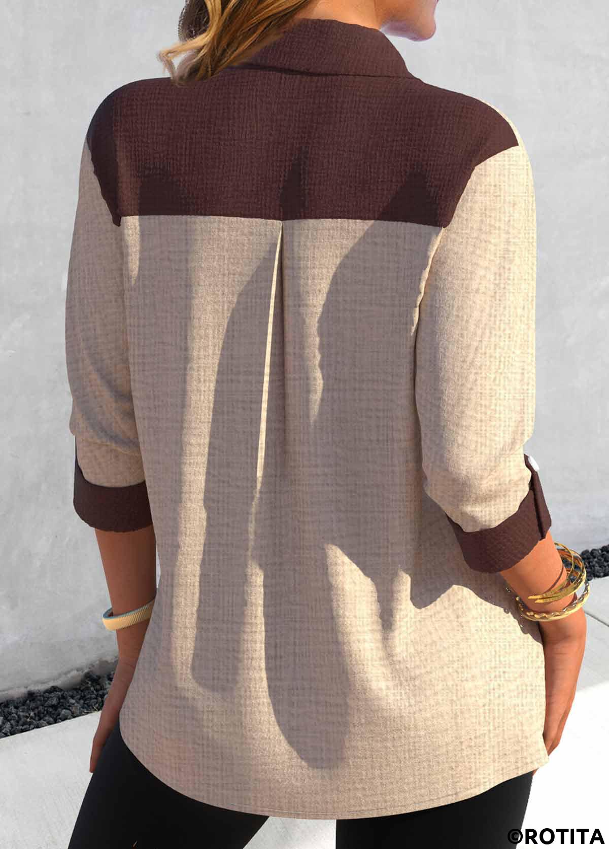Light Camel tops,Contrast Color tops,ROTITA Button Light Camel Shirt Collar Pocket Blouse