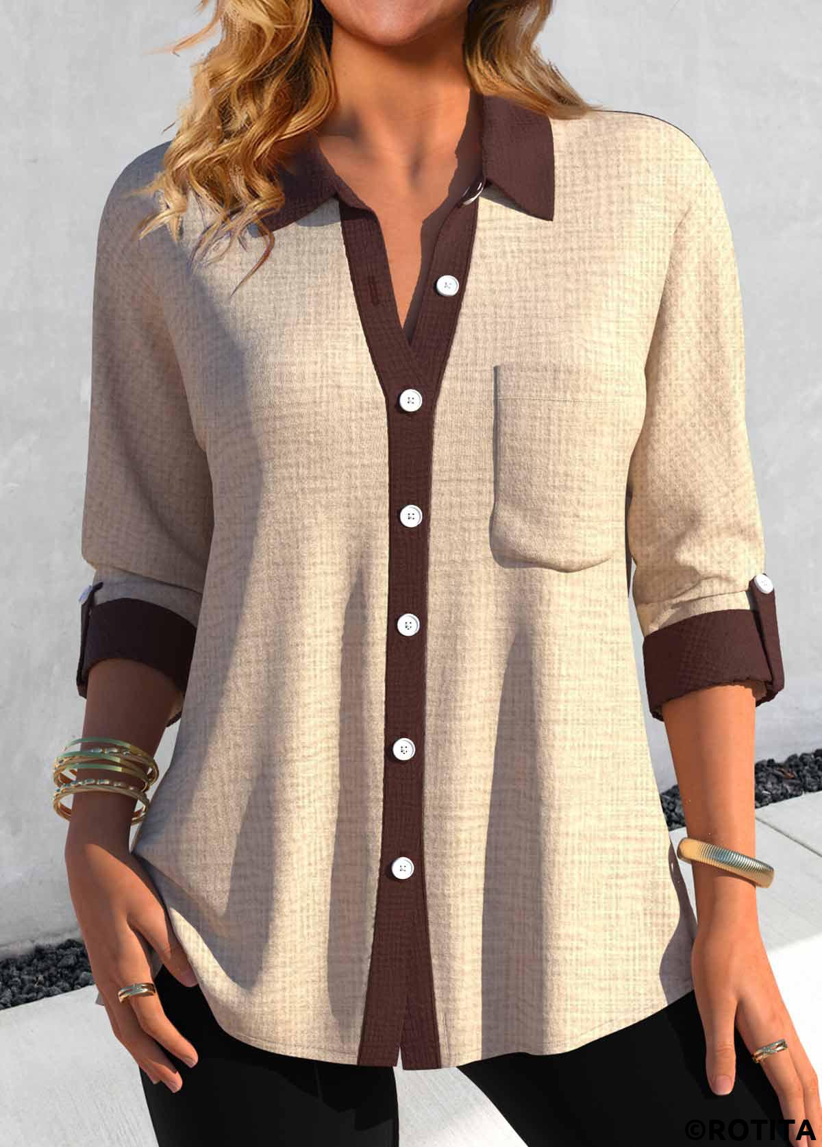 Light Camel tops,Contrast Color tops,ROTITA Button Light Camel Shirt Collar Pocket Blouse