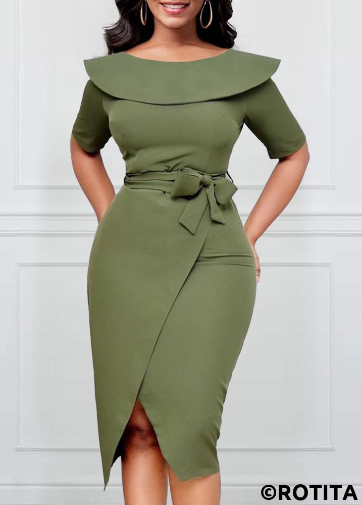 Sage Green dresses,Plain Color dresses,Party dresses,Elegant dresses,ROTITA Sage Green Sailor Collar Belted Bodycon Dress
