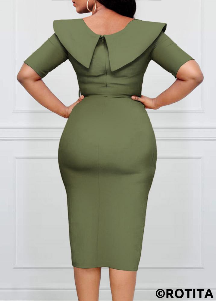 Sage Green dresses,Plain Color dresses,Party dresses,Elegant dresses,ROTITA Sage Green Sailor Collar Belted Bodycon Dress