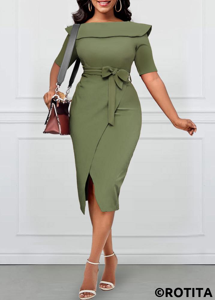 Sage Green dresses,Plain Color dresses,Party dresses,Elegant dresses,ROTITA Sage Green Sailor Collar Belted Bodycon Dress