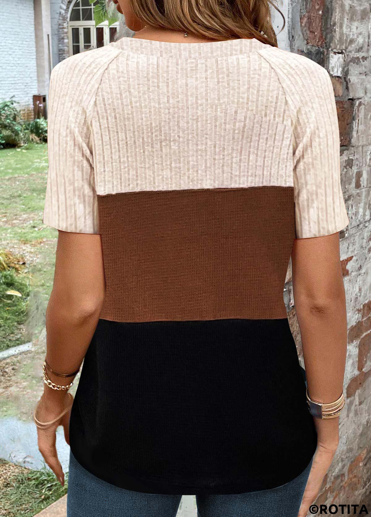 Dark Coffee tops,Black tops,Contrast Color tops,ROTITA Patchwork Dark Coffee Round Neck T Shirt