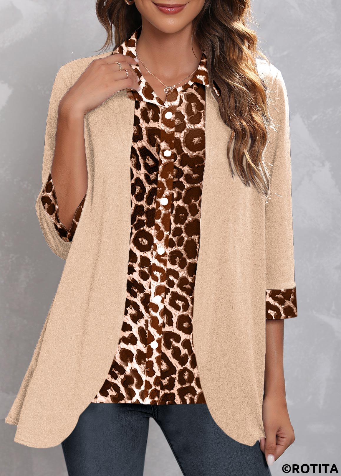 Light Camel tops,Leopard tops,ROTITA Fake 2in1 Leopard Light Camel Shirt Collar Blouse