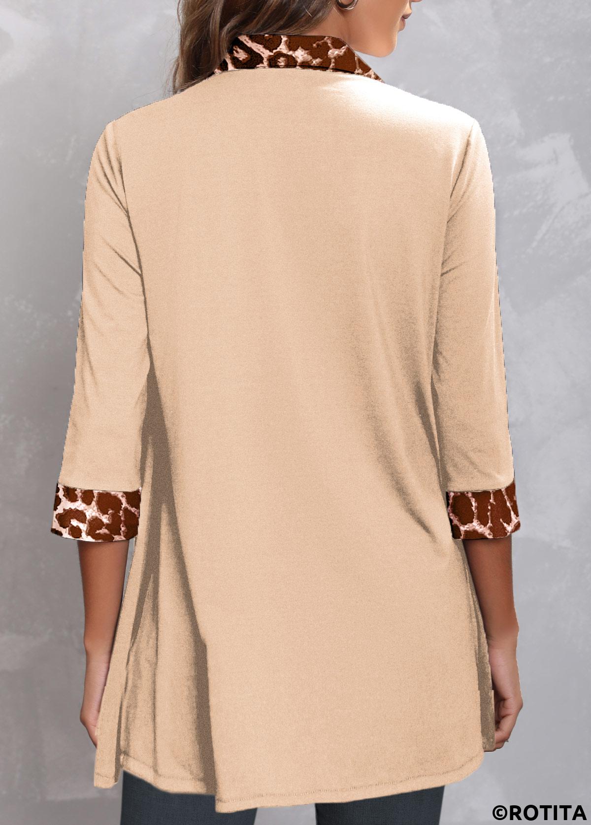 Light Camel tops,Leopard tops,ROTITA Fake 2in1 Leopard Light Camel Shirt Collar Blouse