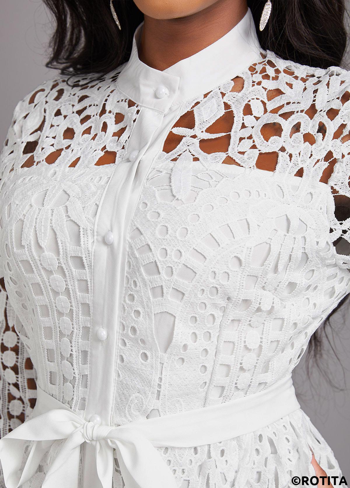 White dresses,Plain Color dresses,Party dresses,Elegant dresses,ROTITA Lace White Belted Stand Collar Long Sleeve Dress