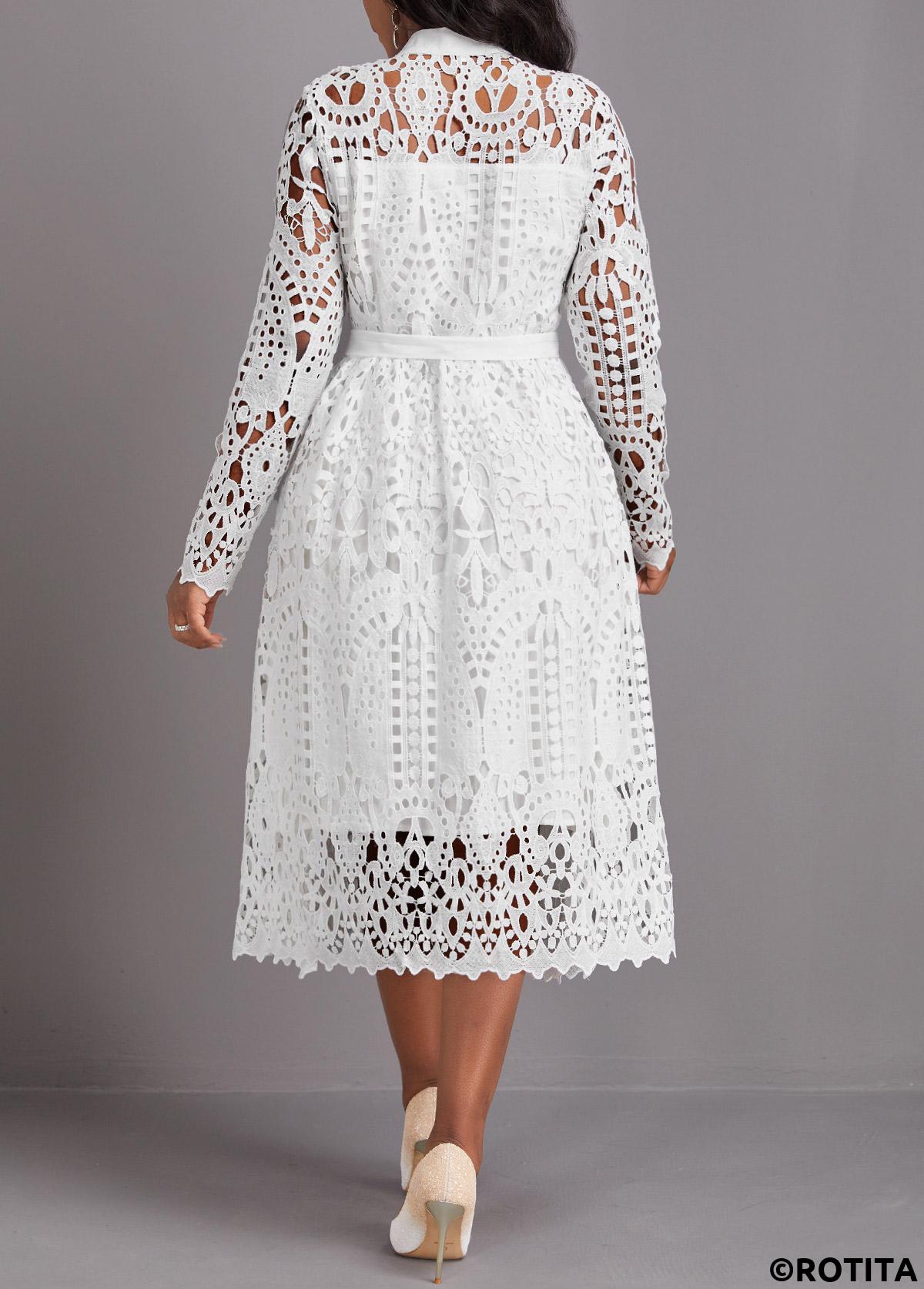 White dresses,Plain Color dresses,Party dresses,Elegant dresses,ROTITA Lace White Belted Stand Collar Long Sleeve Dress