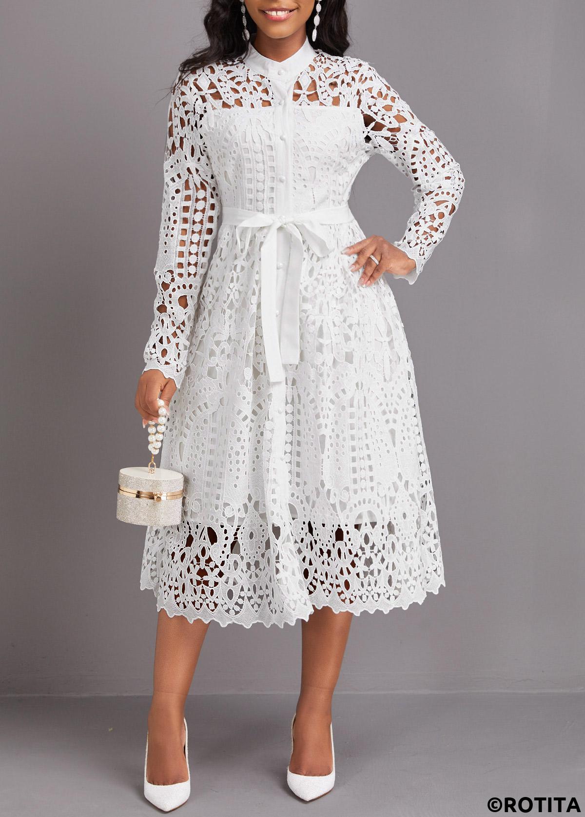 White dresses,Plain Color dresses,Party dresses,Elegant dresses,ROTITA Lace White Belted Stand Collar Long Sleeve Dress