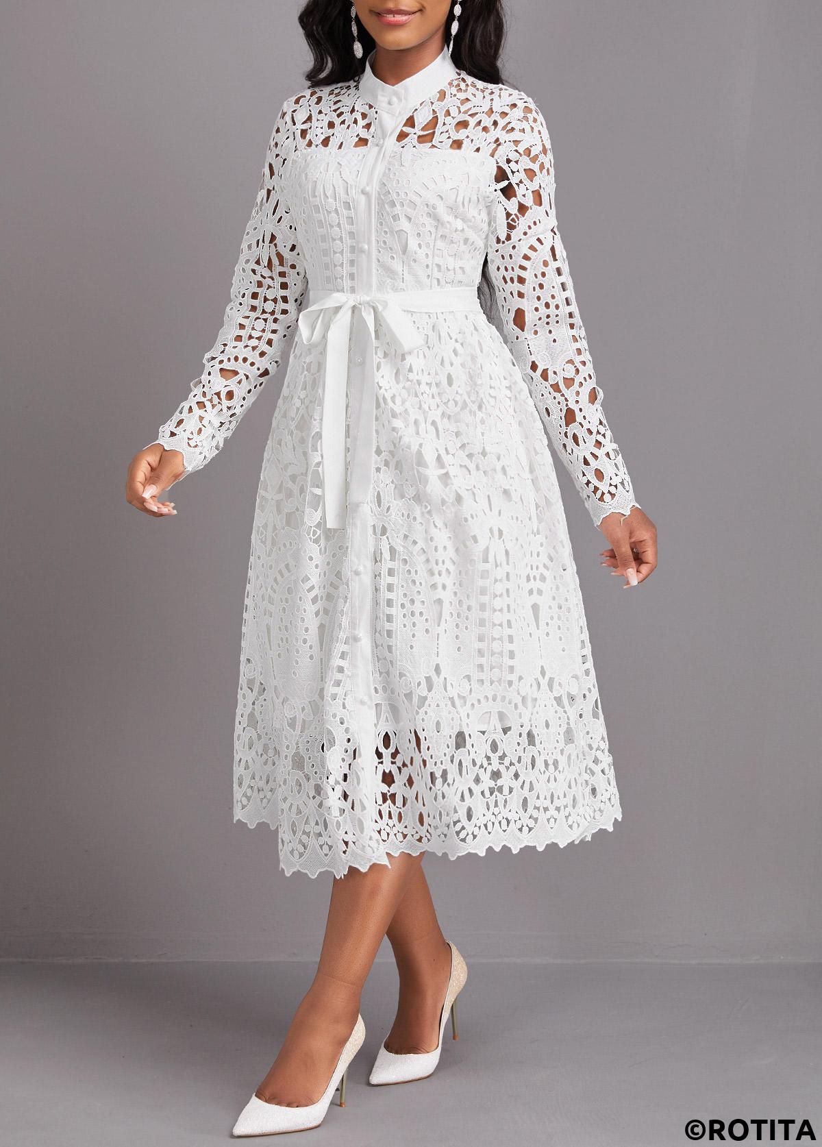 White dresses,Plain Color dresses,Party dresses,Elegant dresses,ROTITA Lace White Belted Stand Collar Long Sleeve Dress