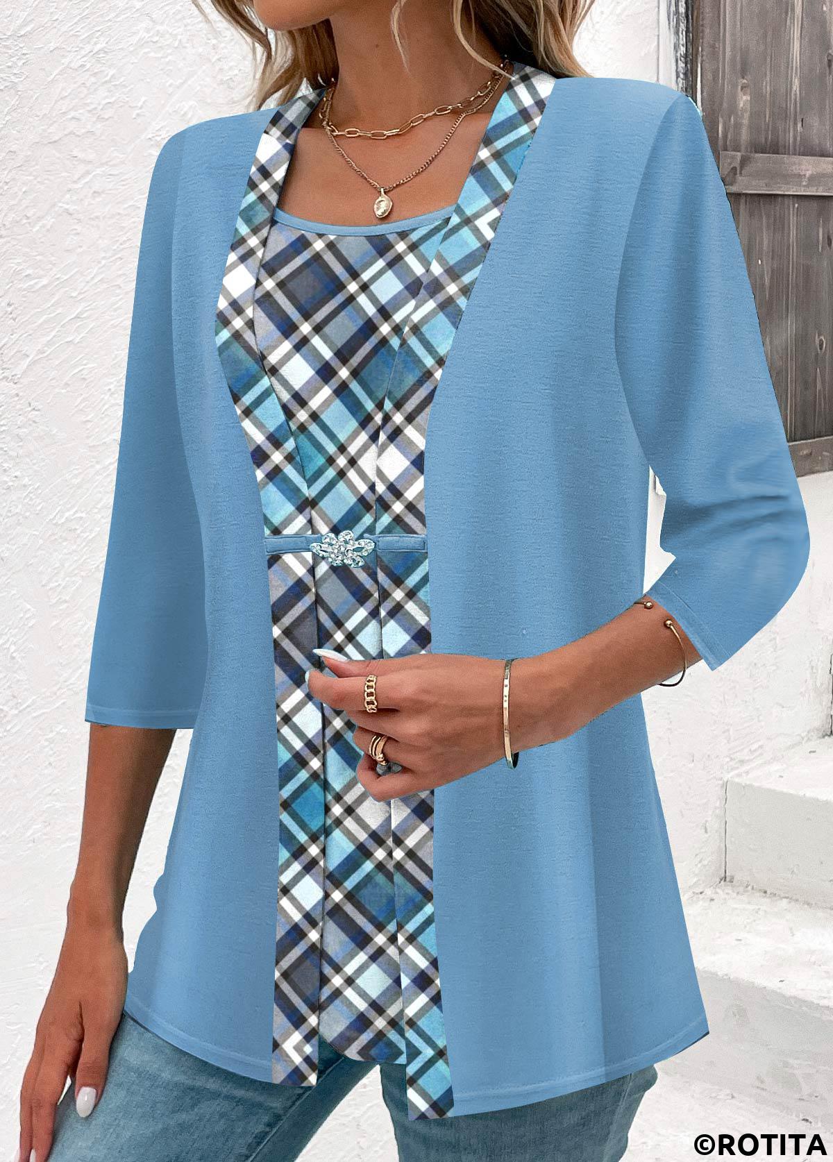 Light Blue tops,Plaid tops,Geometric tops,Striped tops,ROTITA Plaid Light Blue Square Neck Fake Two Piece Twinset