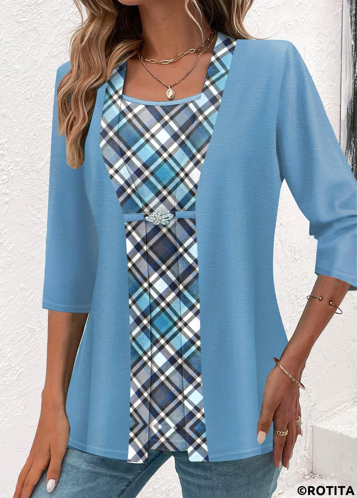 Light Blue tops,Plaid tops,Geometric tops,Striped tops,ROTITA Plaid Light Blue Square Neck Fake Two Piece Twinset