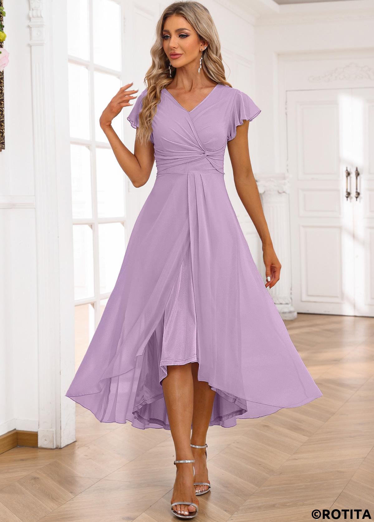 Light Purple dresses,Plain Color dresses,Party dresses,Elegant dresses,ROTITA Twist Light Purple High Low V Neck Dress