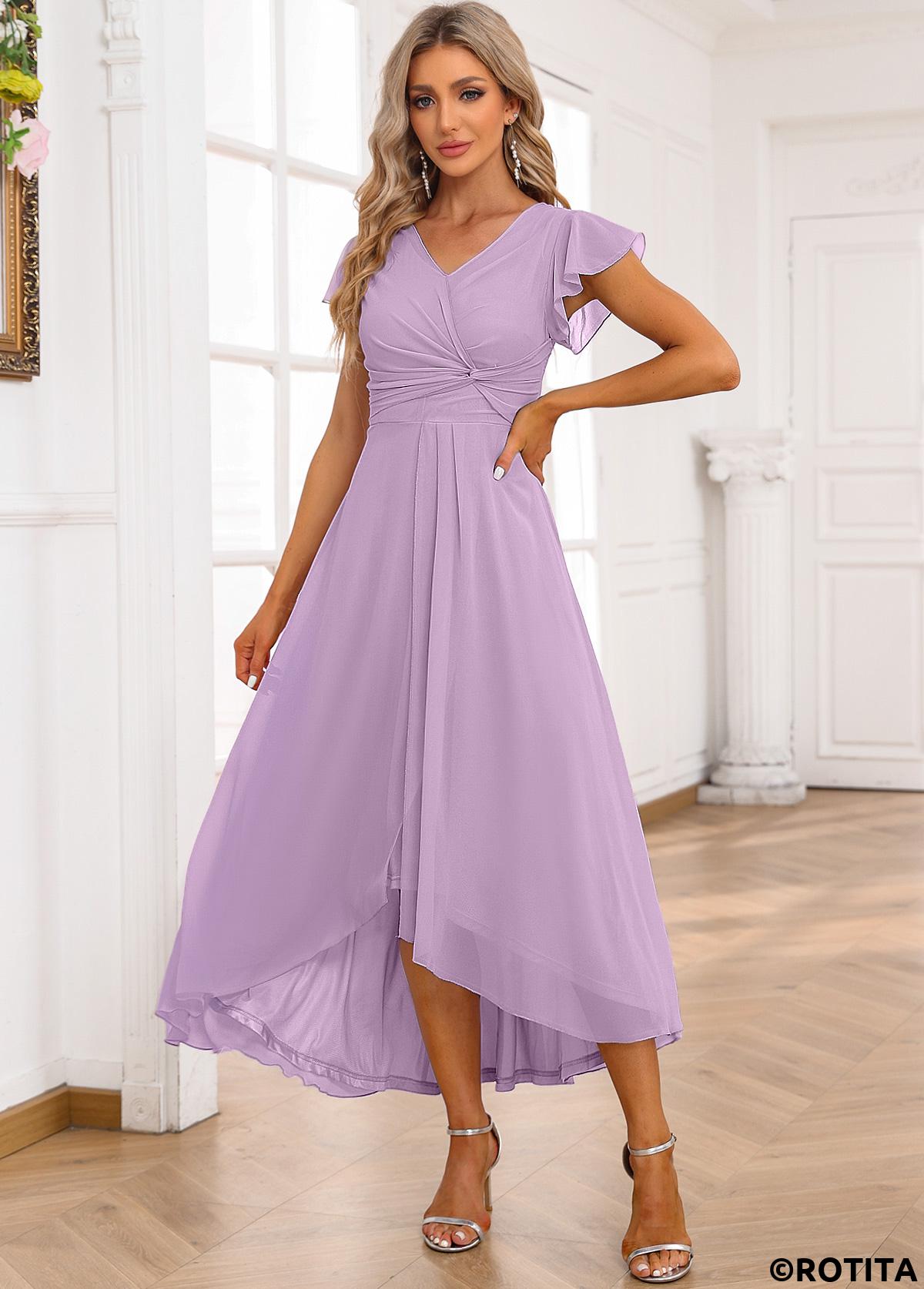 Light Purple dresses,Plain Color dresses,Party dresses,Elegant dresses,ROTITA Twist Light Purple High Low V Neck Dress