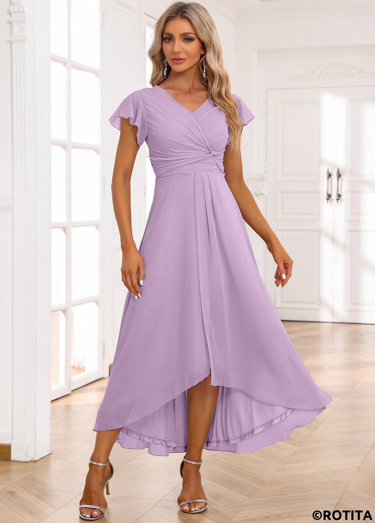 Light Purple dresses,Plain Color dresses,Party dresses,Elegant dresses,ROTITA Twist Light Purple High Low V Neck Dress