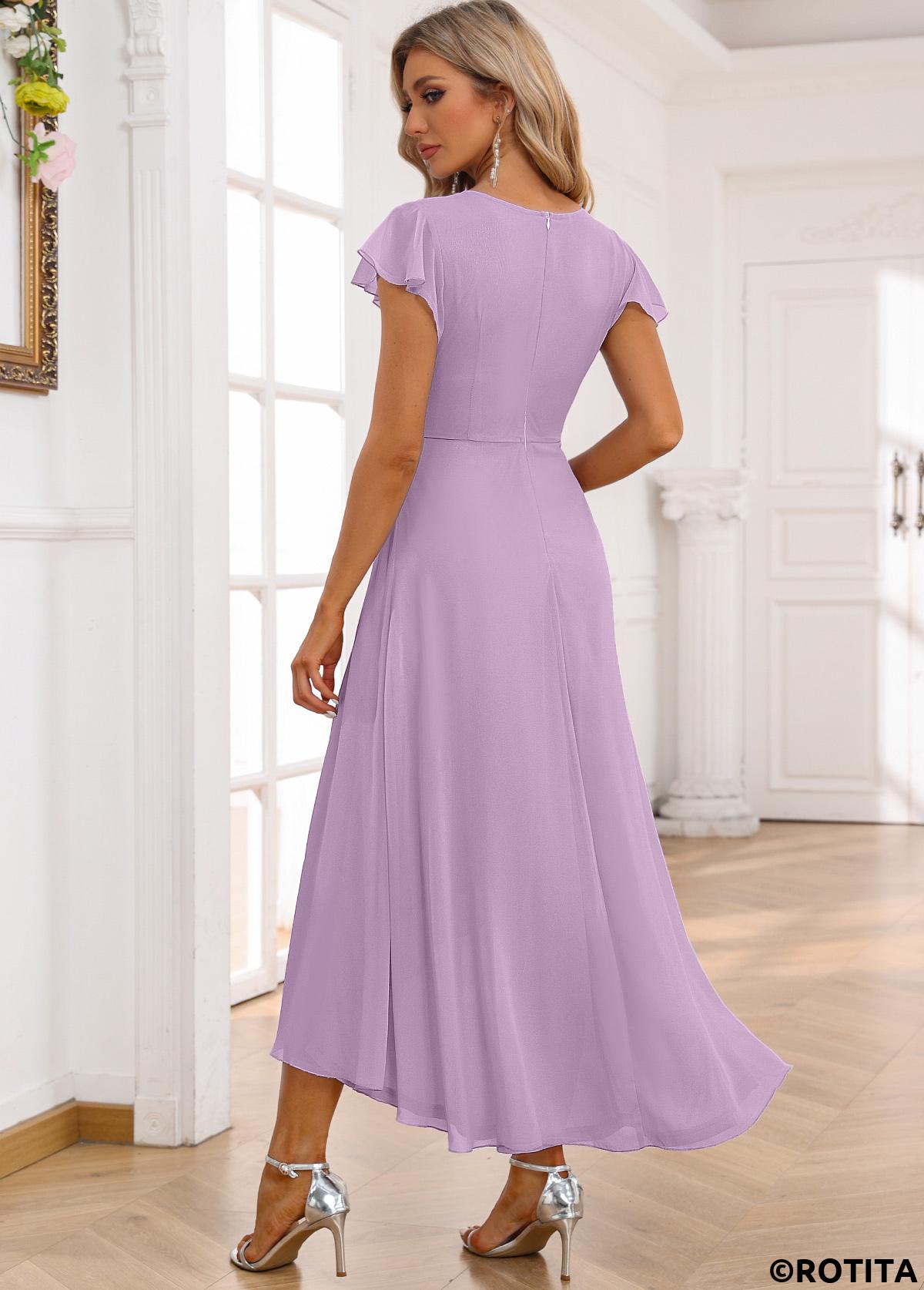 Light Purple dresses,Plain Color dresses,Party dresses,Elegant dresses,ROTITA Twist Light Purple High Low V Neck Dress