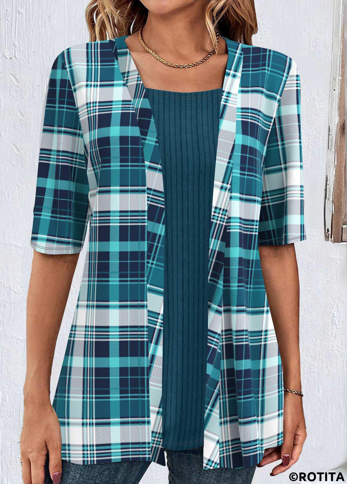 ensemble deux pièces à col carré et carreaux bleu paon rotita