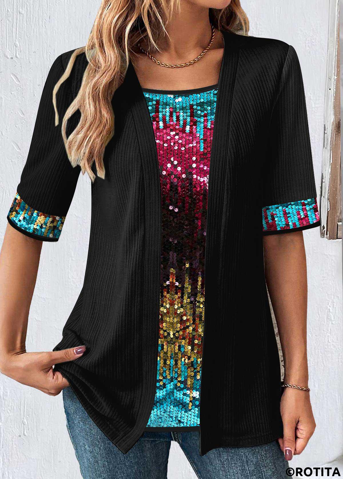 Black tops,Contrast Color tops,ROTITA Black Square Neck Short Sleeve Fake Two Piece Twinset