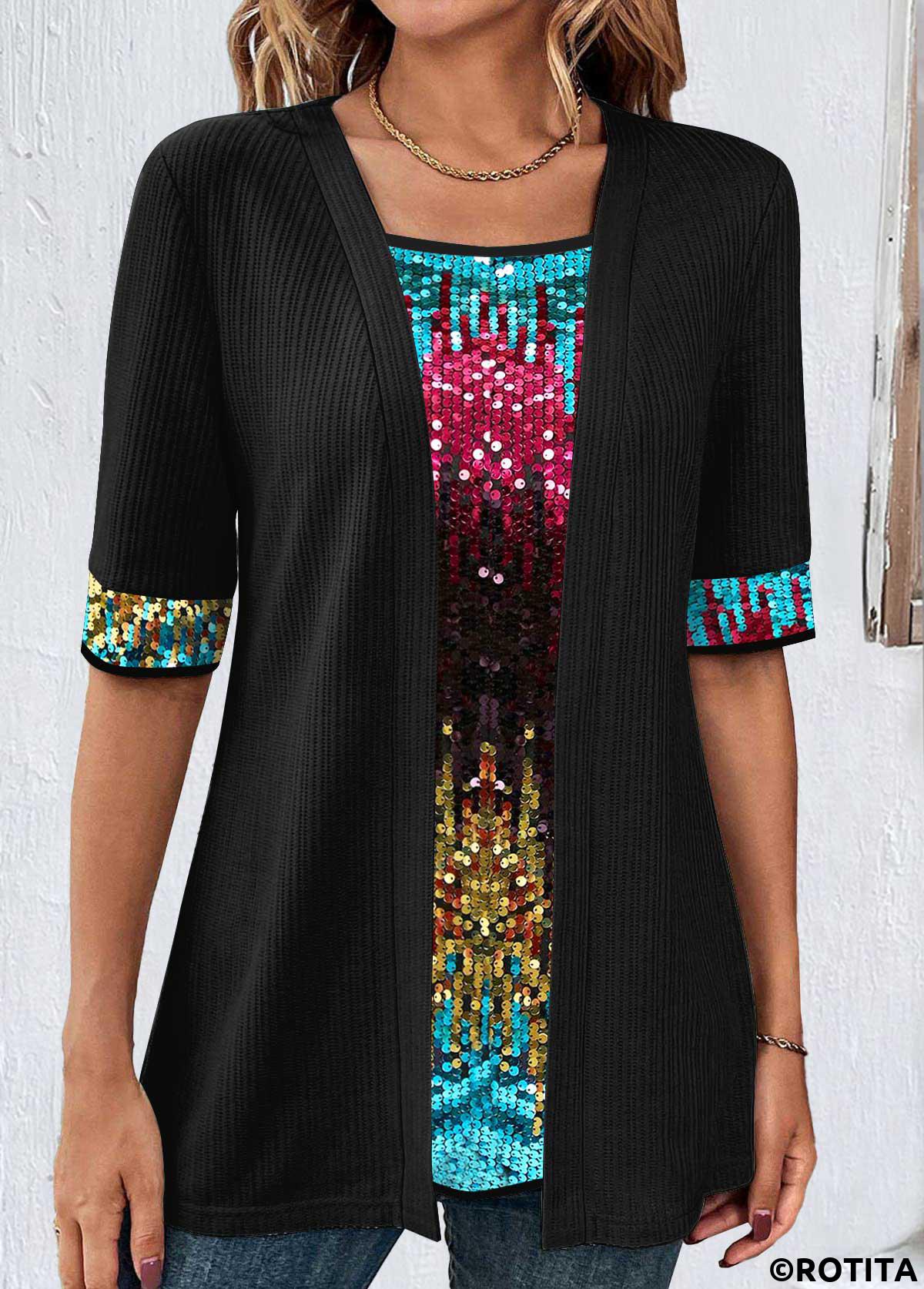 Black tops,Contrast Color tops,ROTITA Black Square Neck Short Sleeve Fake Two Piece Twinset