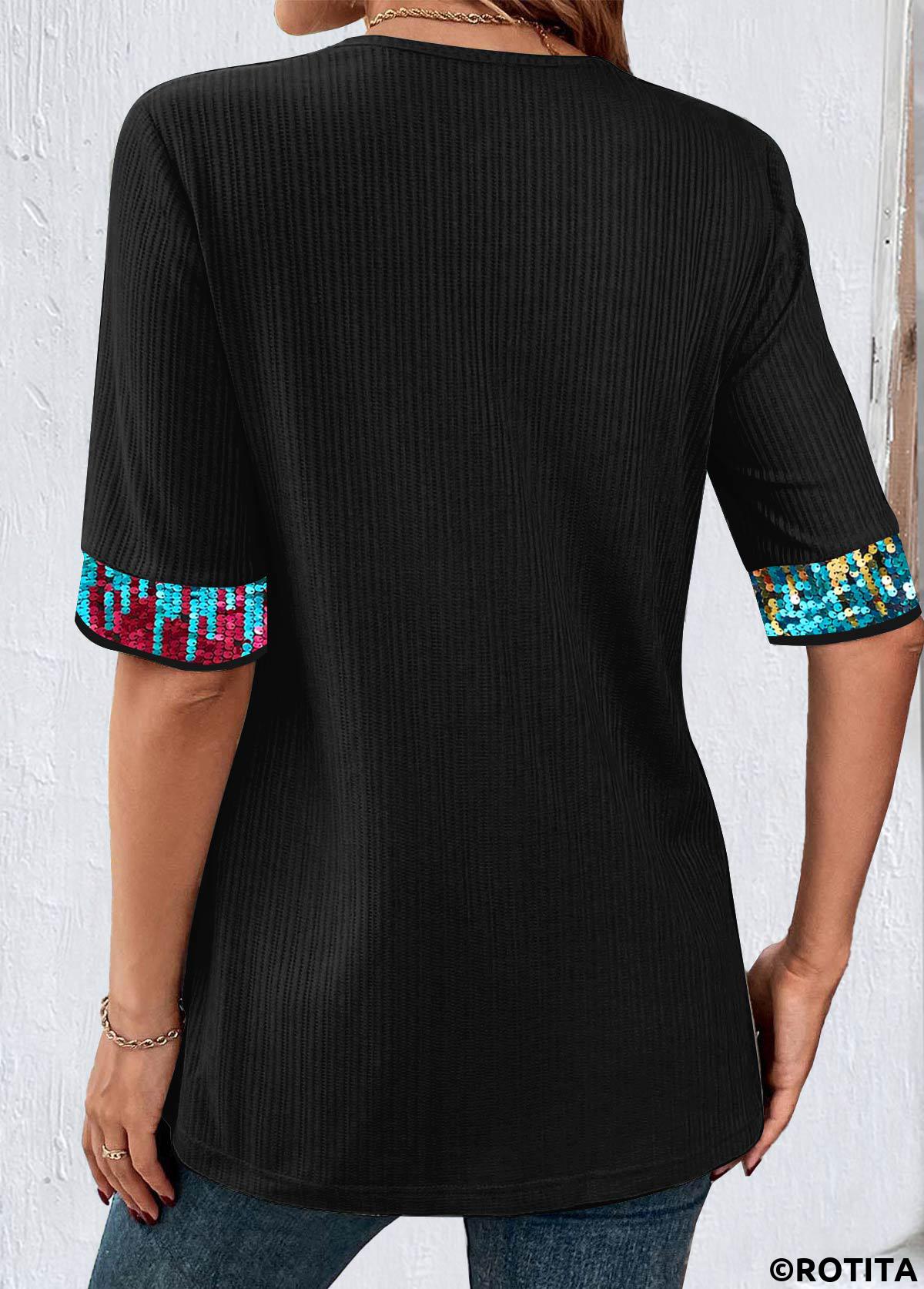 Black tops,Contrast Color tops,ROTITA Black Square Neck Short Sleeve Fake Two Piece Twinset